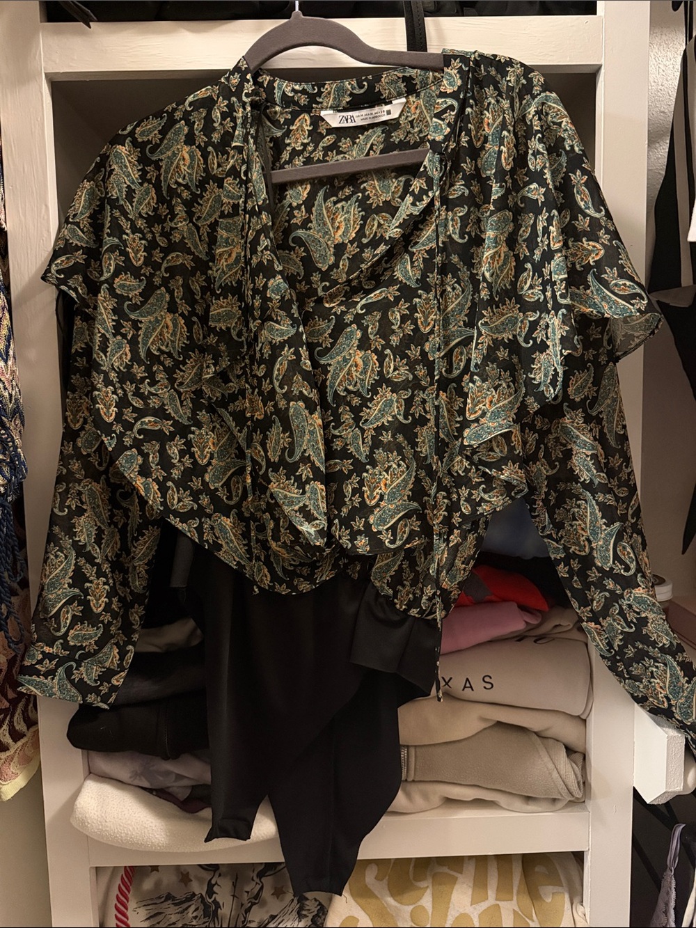 Zara Black Paisley Wrap Blouse with Teal & Tan Motifs